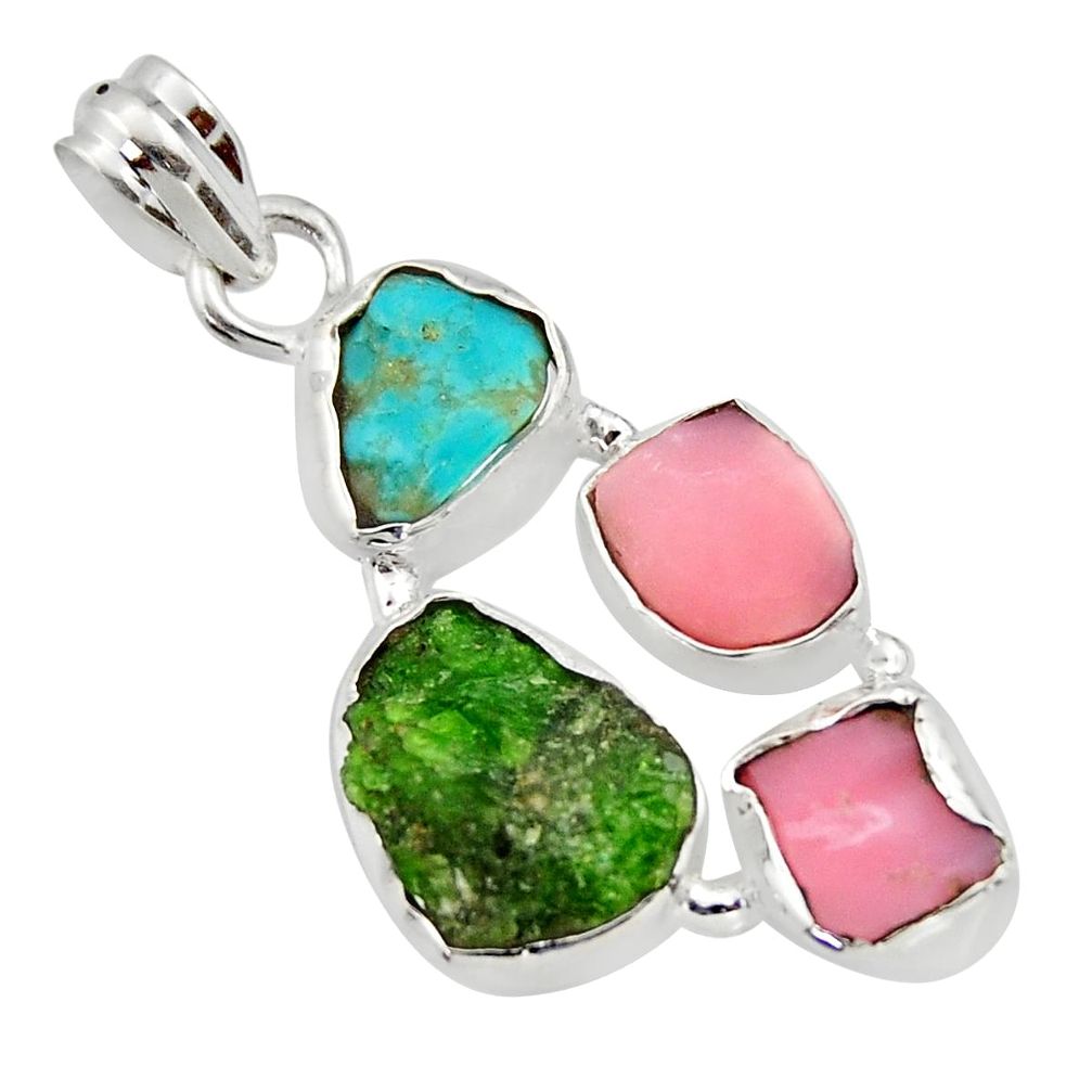 14.72cts green chrome diopside rough turquoise tibetan 925 silver pendant r40332