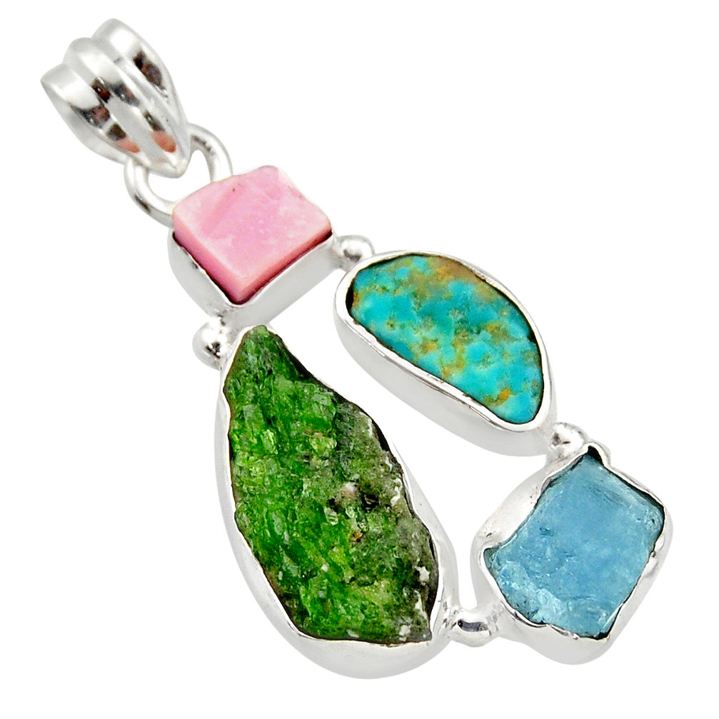 15.65cts green chrome diopside rough turquoise tibetan 925 silver pendant r40336