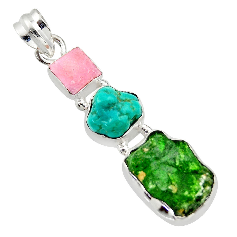 16.73cts green chrome diopside rough turquoise tibetan 925 silver pendant r40340