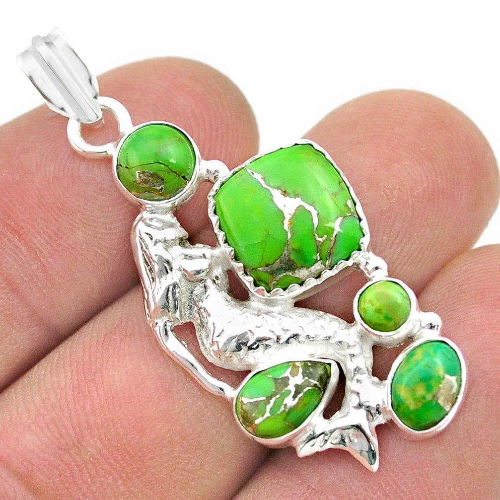 8.53cts green copper turquoise 925 sterling silver fairy mermaid pendant u51224