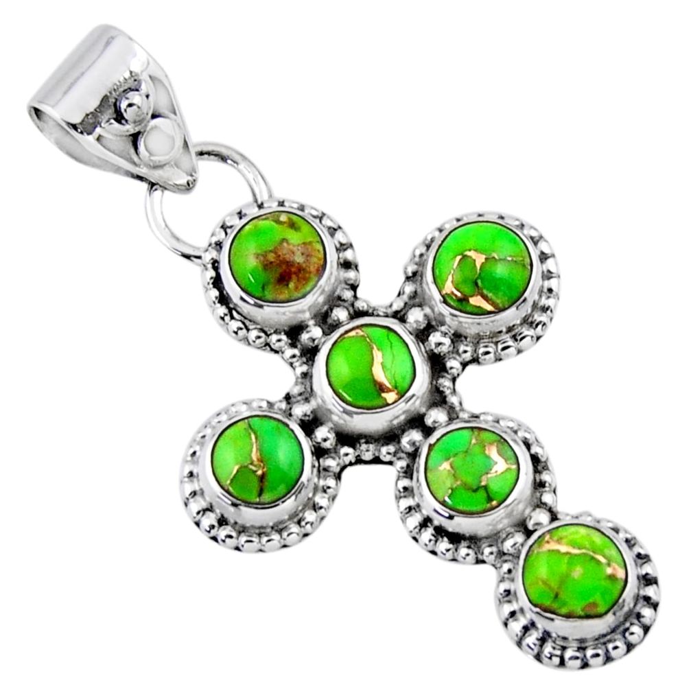 4.52cts green copper turquoise 925 sterling silver holy cross pendant r55906