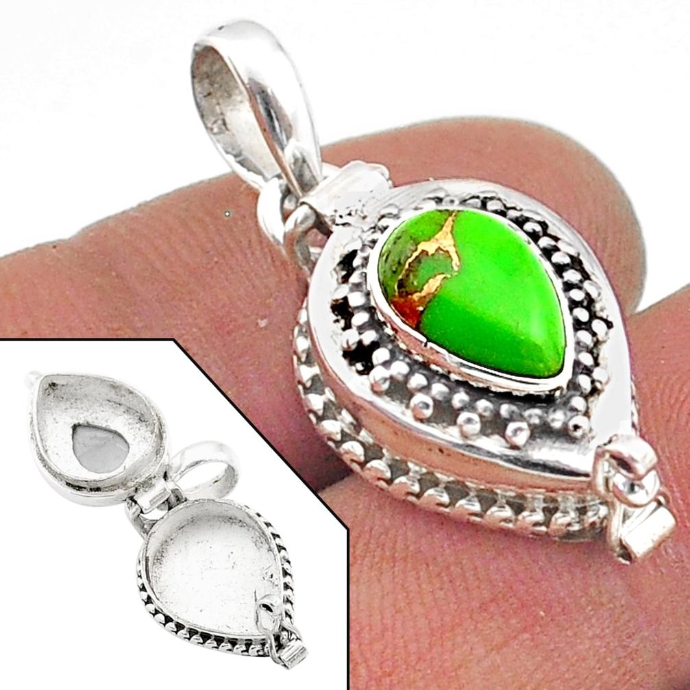 2.49cts green copper turquoise 925 sterling silver poison box pendant t73621