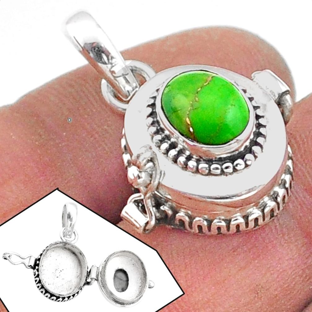 3.02cts green copper turquoise 925 sterling silver poison box pendant t73639