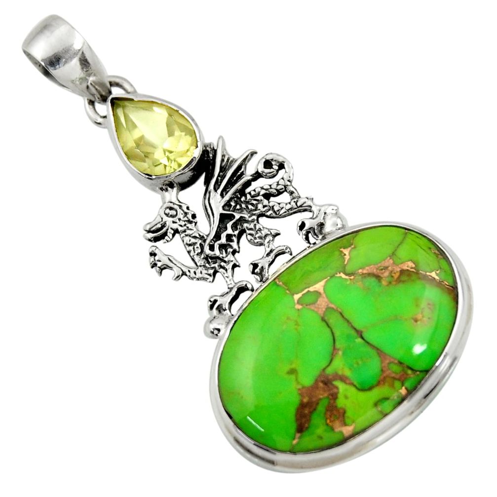 23.68cts green copper turquoise amethyst 925 silver dragon pendant d41696