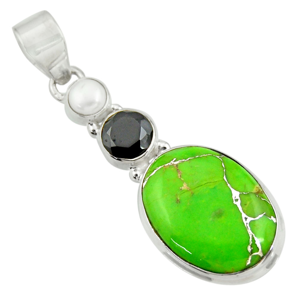 15.55cts green copper turquoise onyx pearl 925 sterling silver pendant d41706