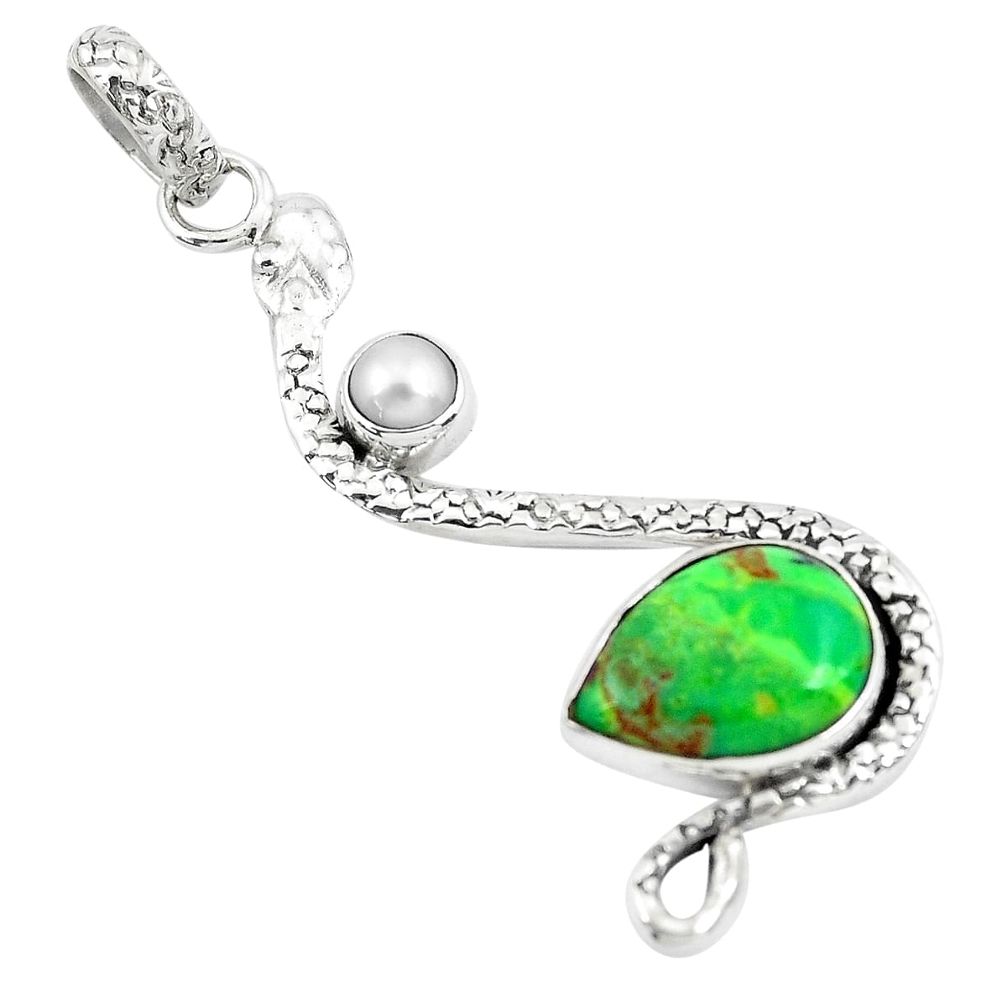 6.10cts green copper turquoise pearl 925 sterling silver snake pendant p49107