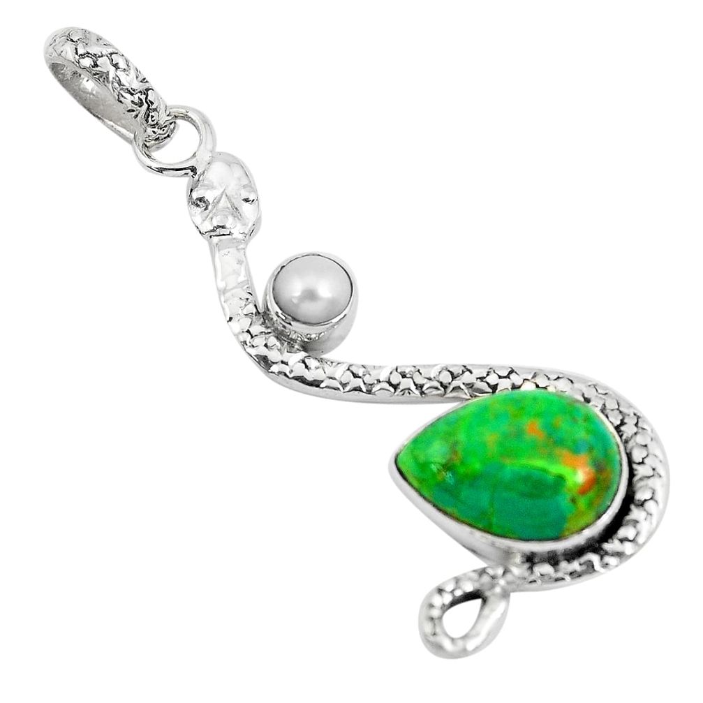6.53cts green copper turquoise pearl 925 sterling silver snake pendant p49109
