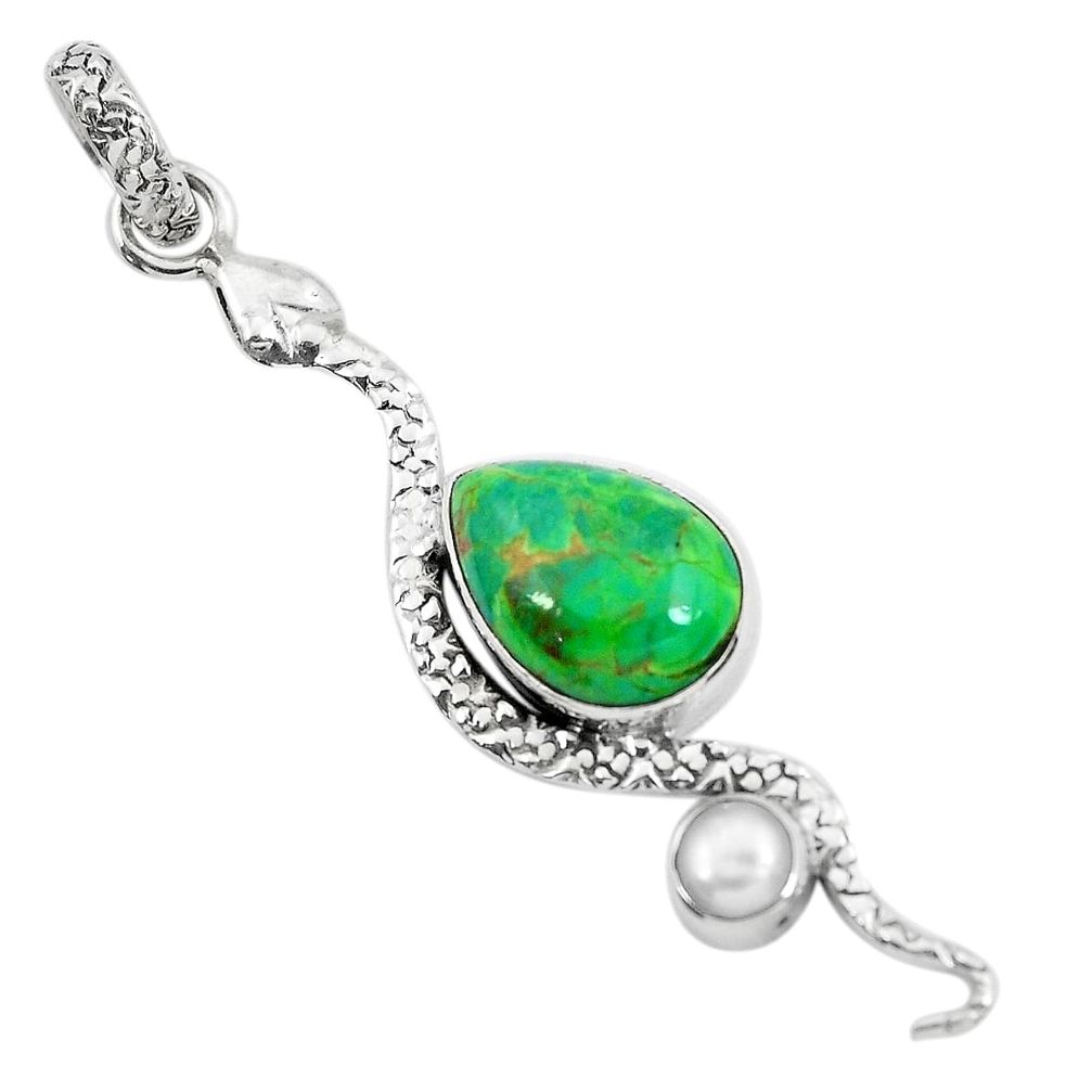 6.10cts green copper turquoise pearl 925 sterling silver snake pendant p49150