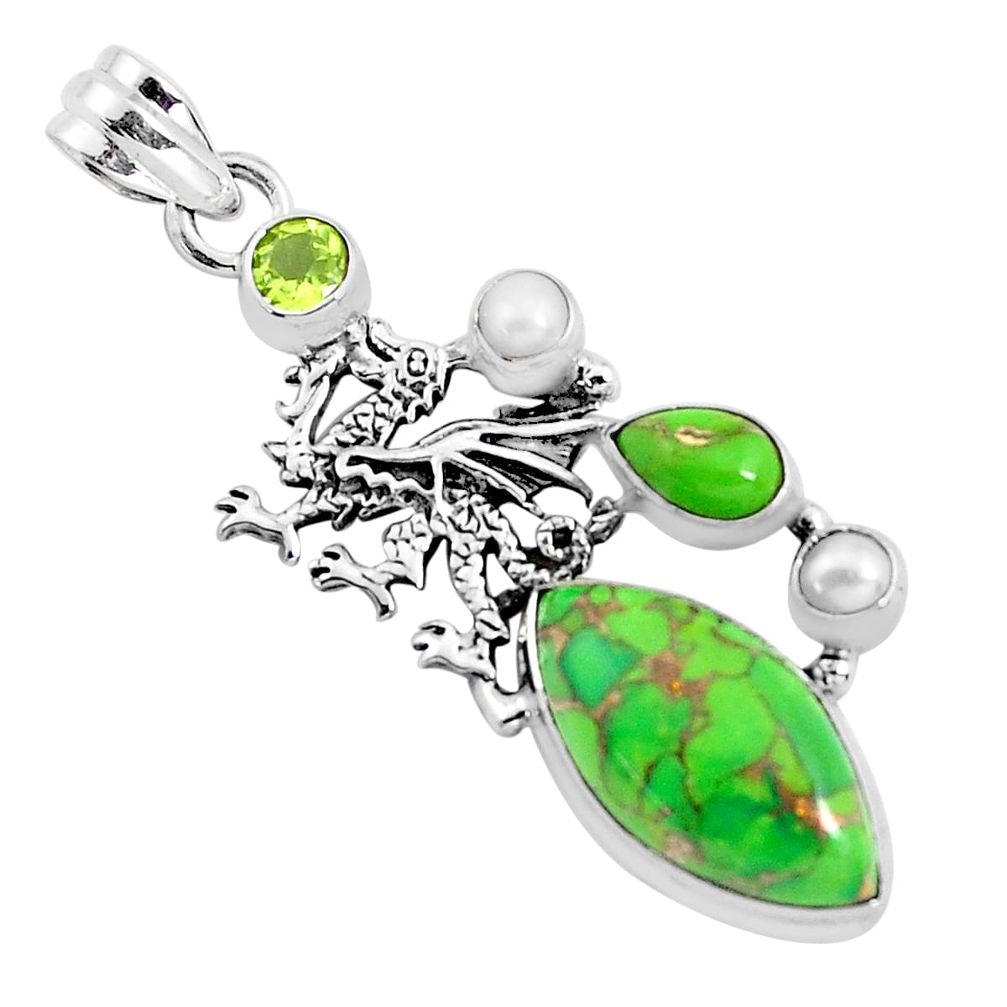 17.36cts green copper turquoise peridot 925 silver dragon pendant p37616