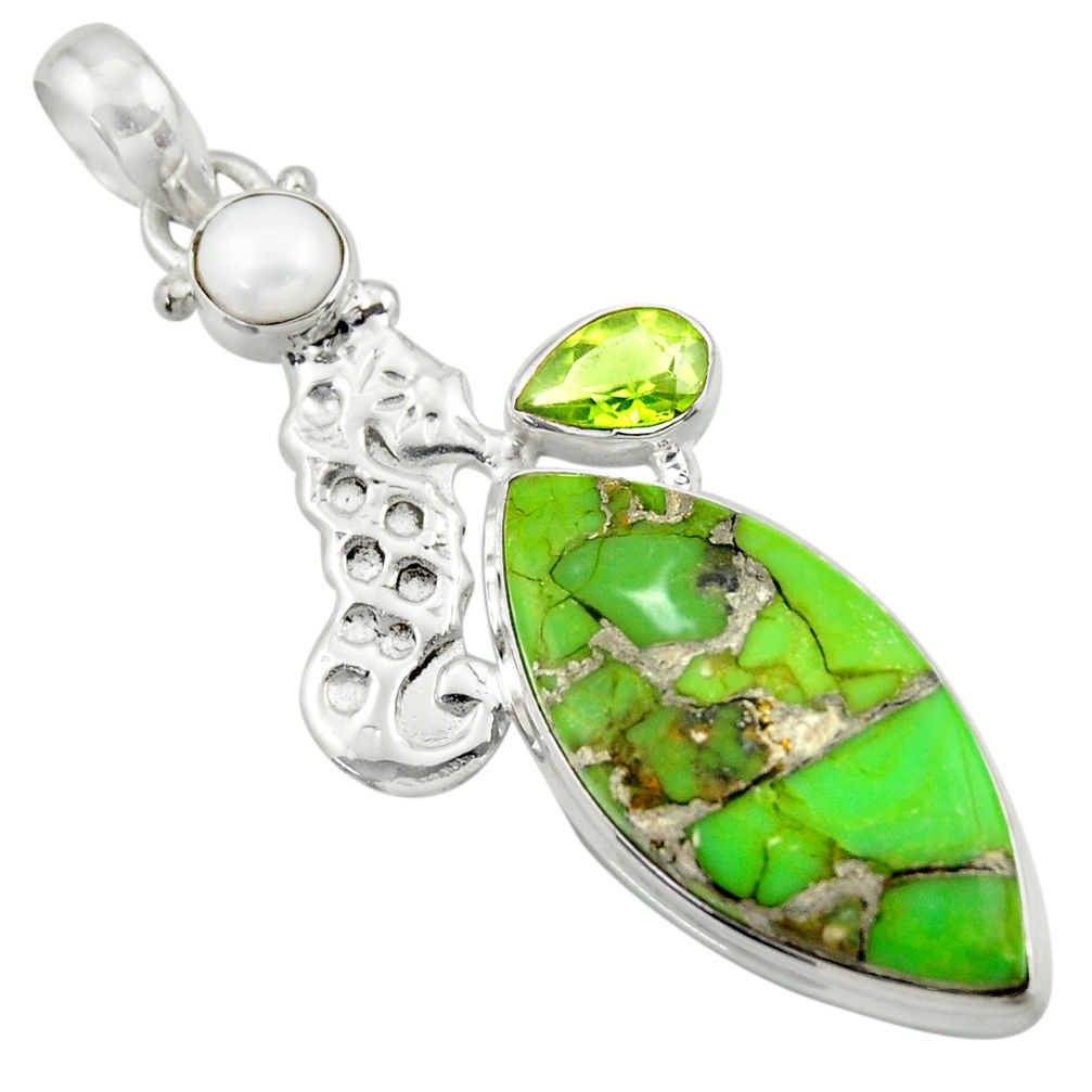19.34cts green copper turquoise peridot 925 silver seahorse pendant d41687
