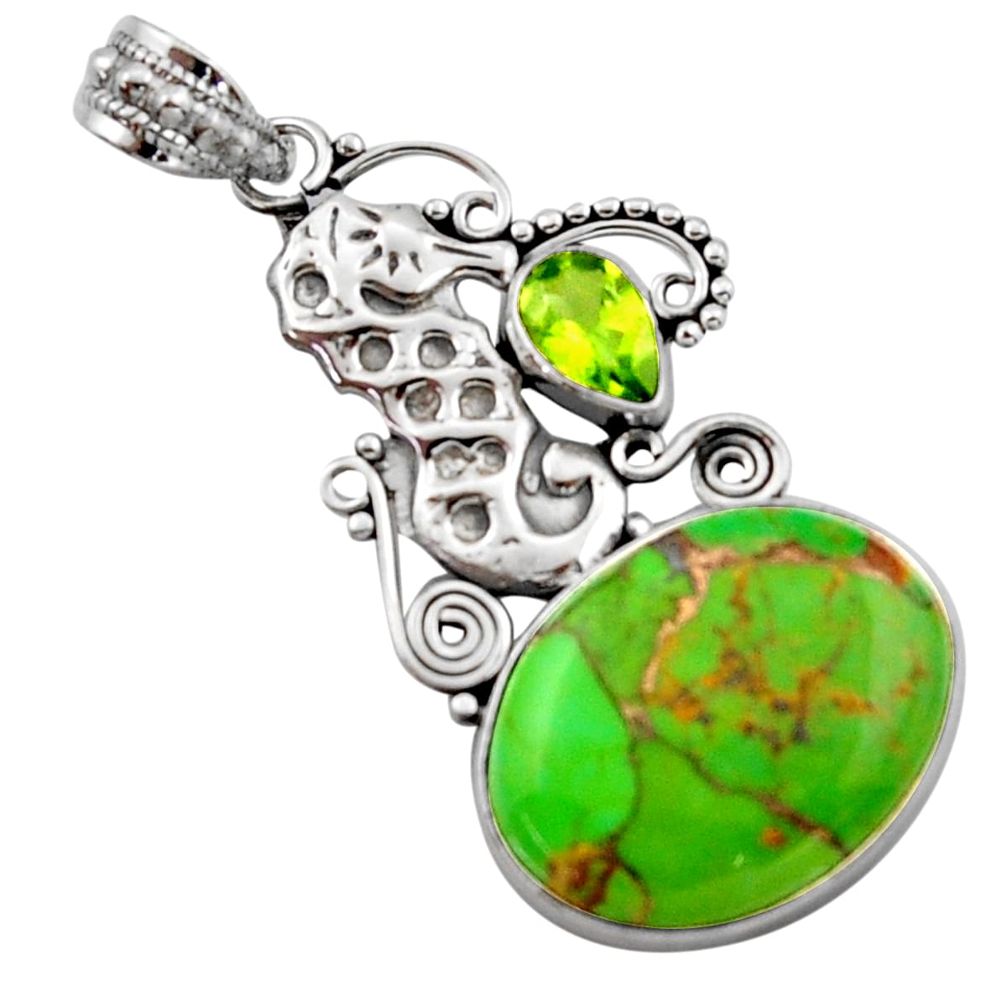 13.28cts green copper turquoise peridot 925 silver seahorse pendant d46672