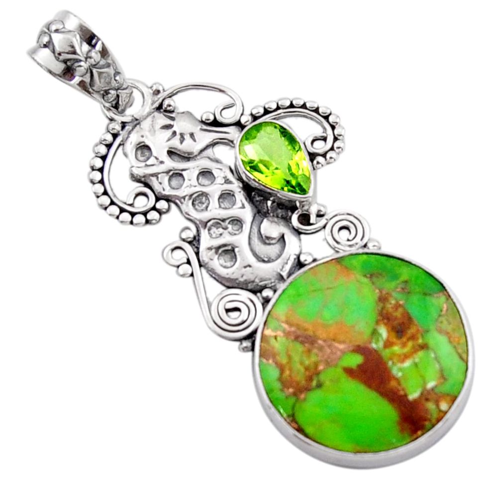 14.72cts green copper turquoise peridot 925 silver seahorse pendant d46721