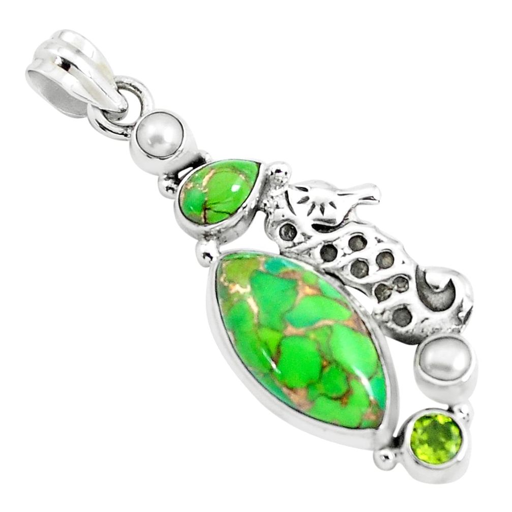 16.43cts green copper turquoise peridot 925 silver seahorse pendant p37620