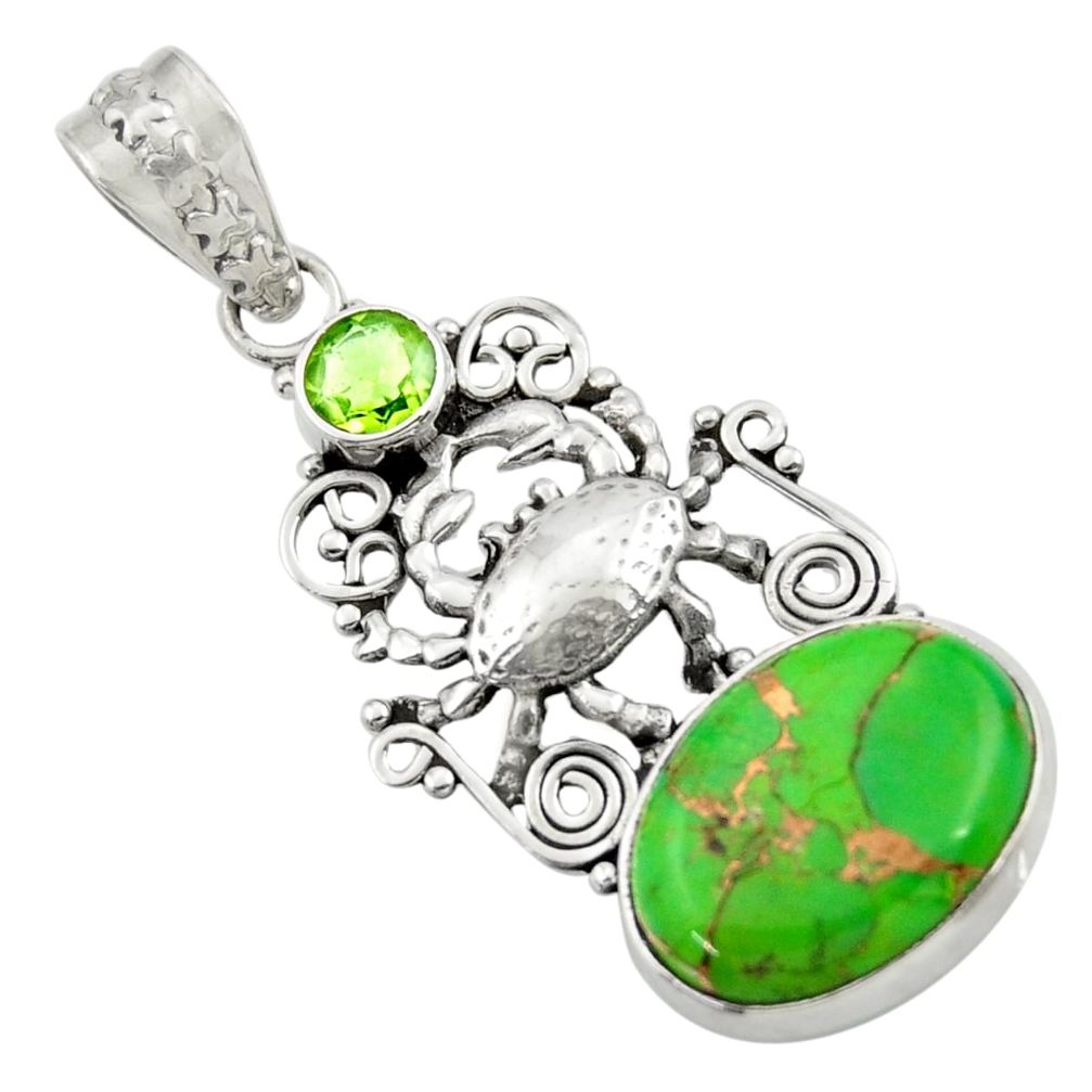 11.19cts green copper turquoise peridot 925 sterling silver crab pendant d41683
