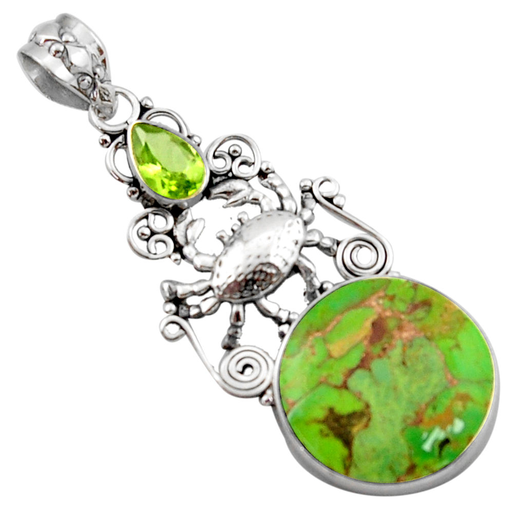 12.36cts green copper turquoise peridot 925 sterling silver crab pendant d46673