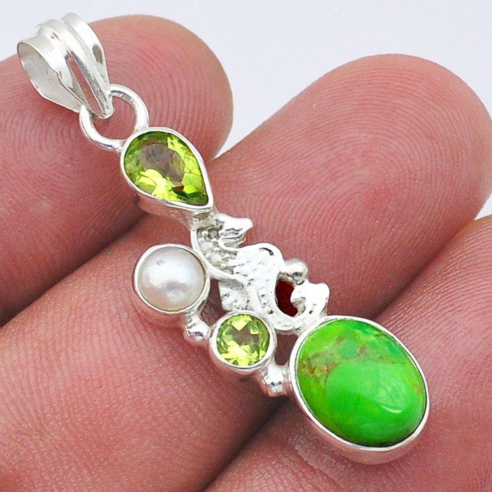 6.82cts green copper turquoise peridot pearl 925 silver seahorse pendant u61468