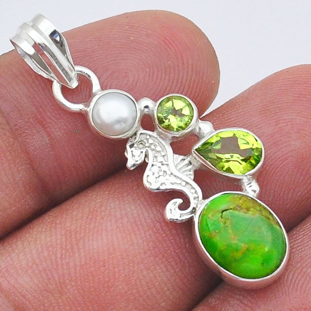 6.27cts green copper turquoise peridot pearl 925 silver seahorse pendant u61473