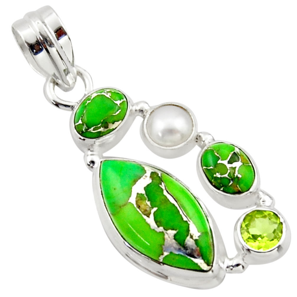 15.08cts green copper turquoise peridot pearl 925 sterling silver pendant r40138
