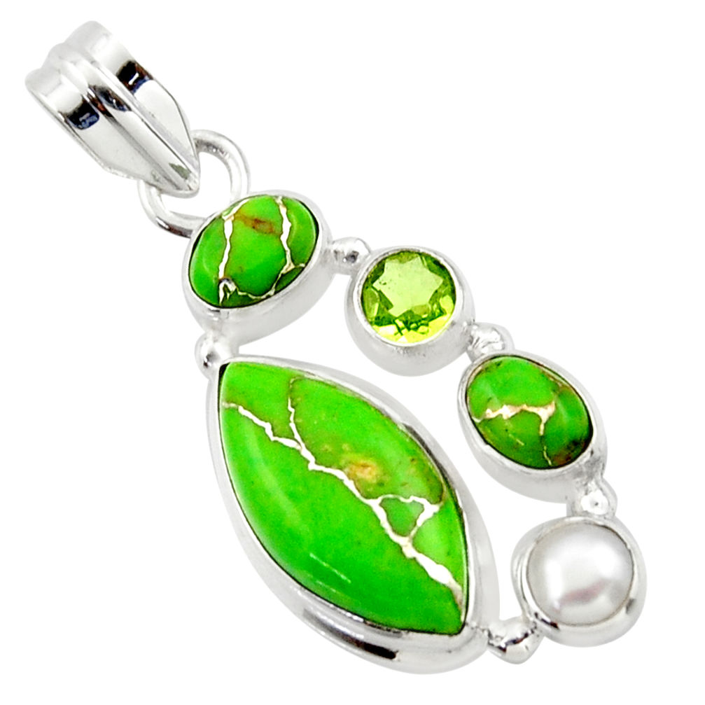 14.72cts green copper turquoise peridot pearl 925 sterling silver pendant r40139