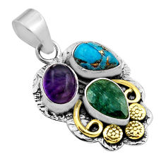 5.31cts green emerald copper turquoise amethyst 925 silver gold pendant n25575