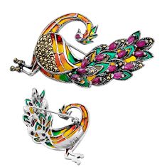 2.81cts green pink yellow enamel red ruby silver peacock brooch pendant n20199
