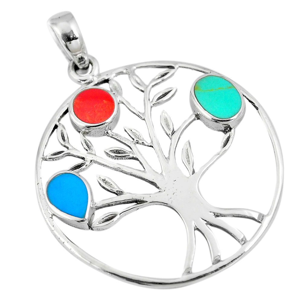 3.47gms green turquoise coral enamel silver tree of life pendant a88390 c13712