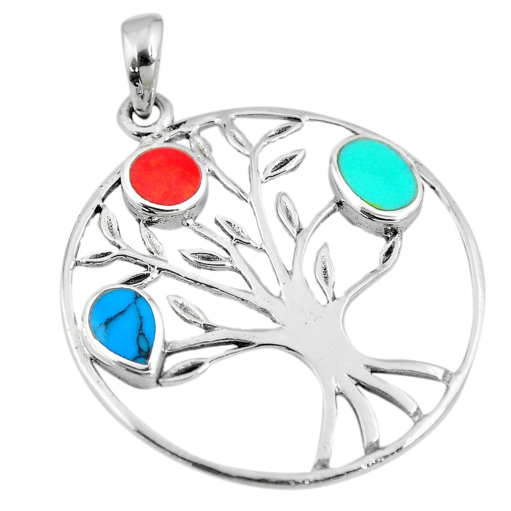 3.69gms green turquoise coral enamel silver tree of life pendant a88391 c13718