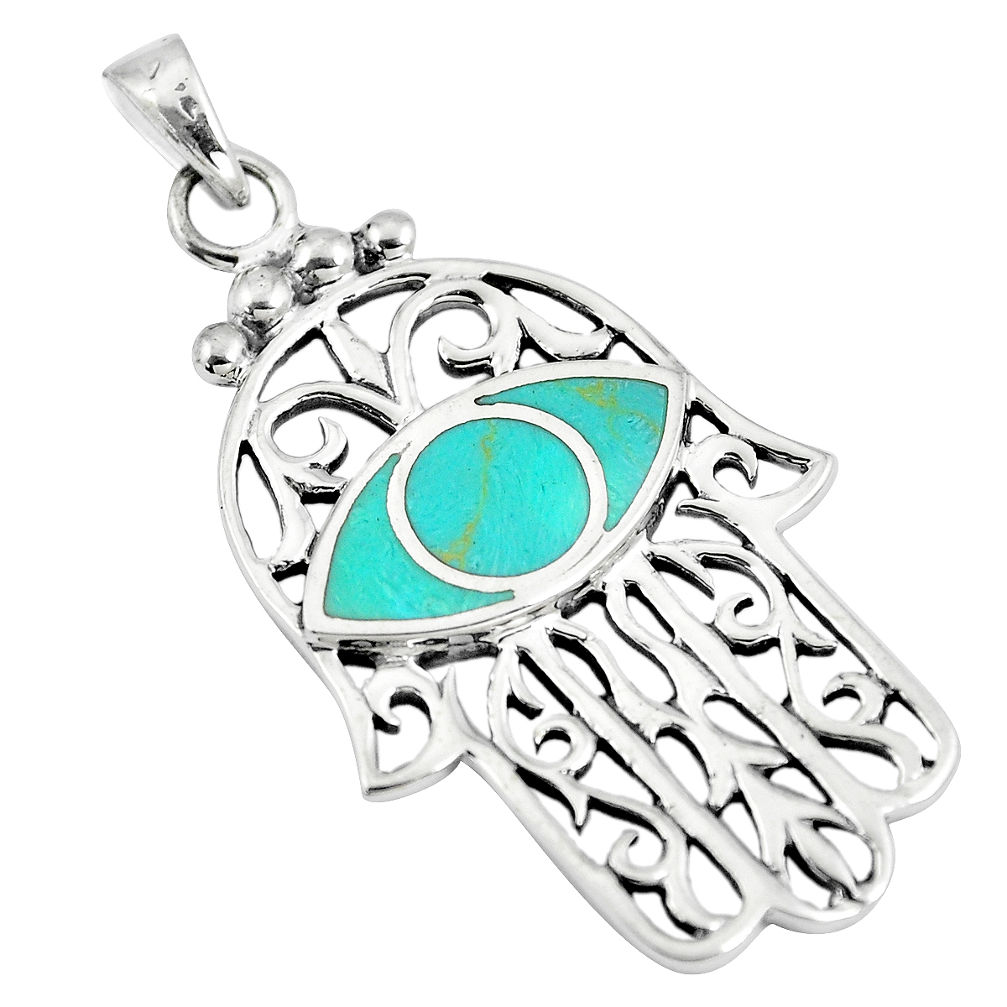 LAB 5.66gms green turquoise enamel silver hand of god hamsa pendant a88381 c13734