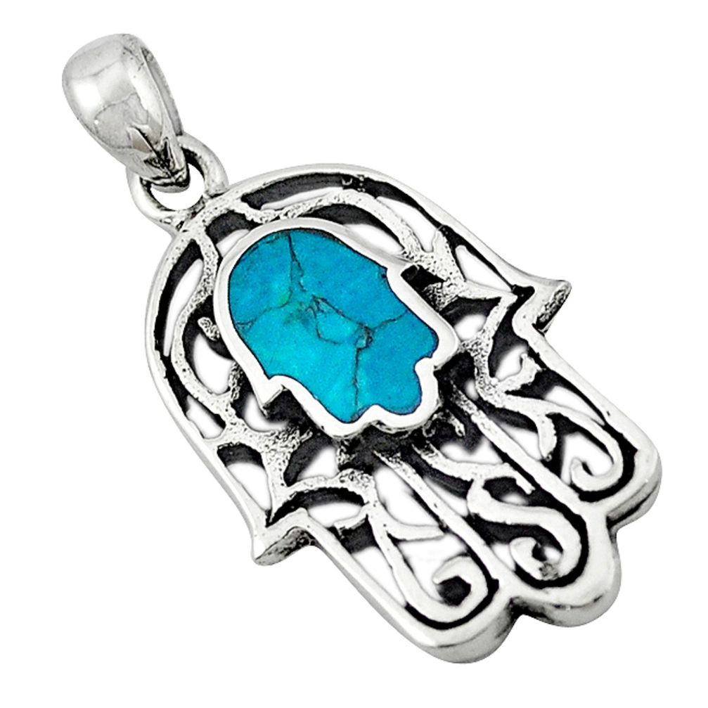 Green turquoise tibetan 925 silver hand of god hamsa pendant jewelry c10922