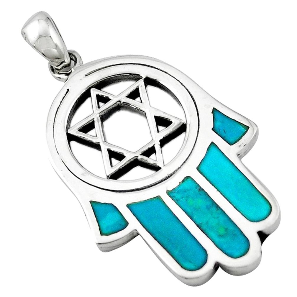 Green turquoise tibetan 925 silver hand of god hamsa pendant c10924