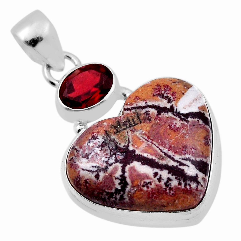 16.49cts grey sonoran dendritic rhyolite heart garnet 925 silver pendant n29555