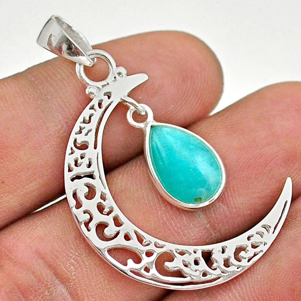 4.18cts half moon natural green peruvian amazonite 925 silver pendant t43421