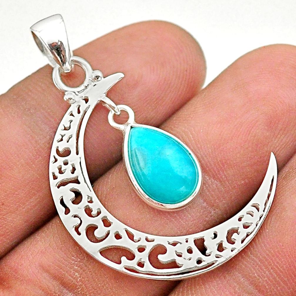 4.19cts half moon natural green peruvian amazonite 925 silver pendant t43453