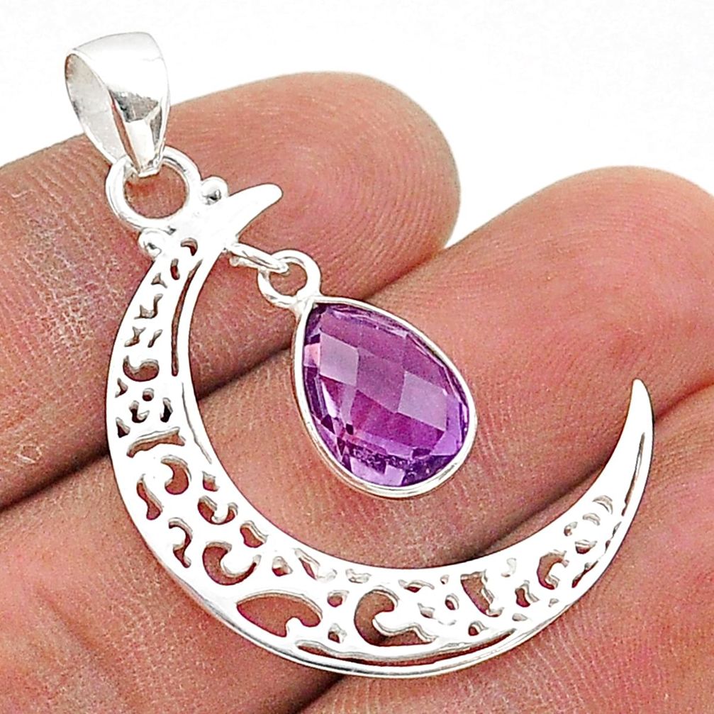 3.98cts half moon natural purple amethyst 925 sterling silver pendant t66232