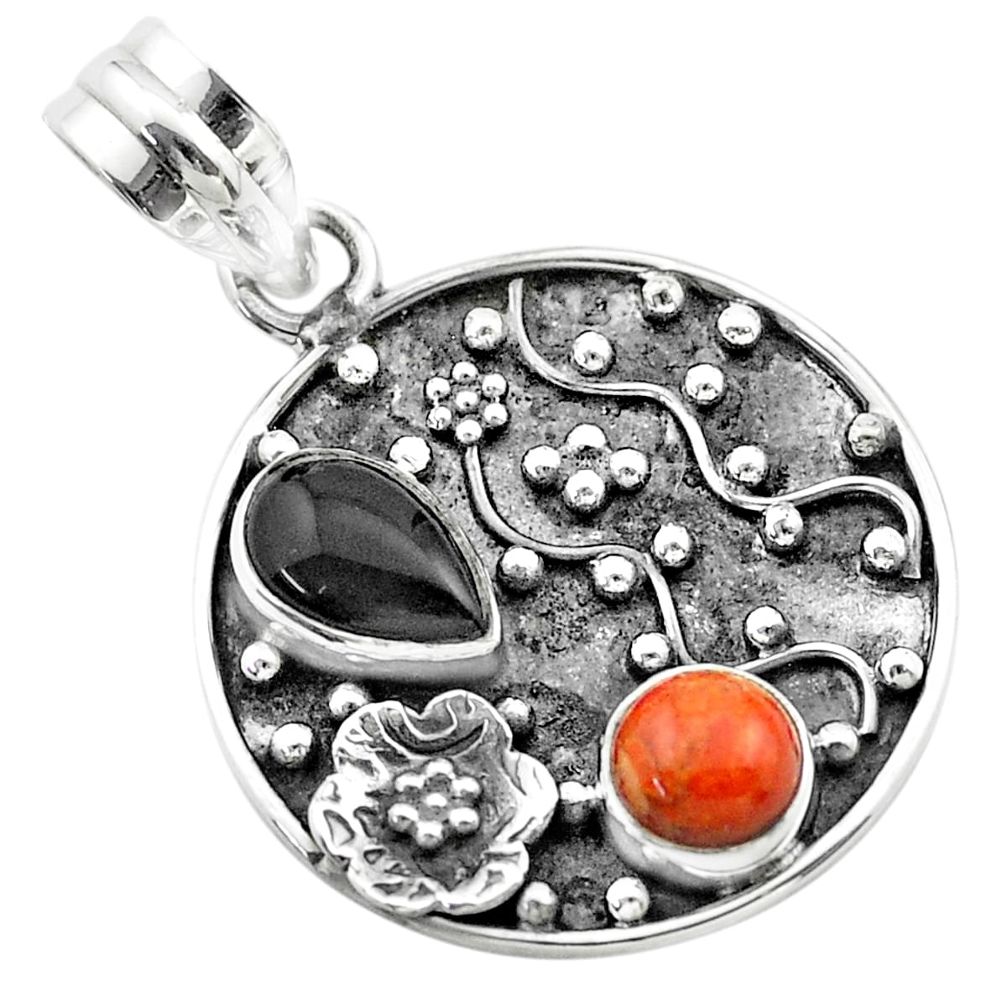 3.52cts halloween natural onyx pear sponge coral silver flower pendant t57512