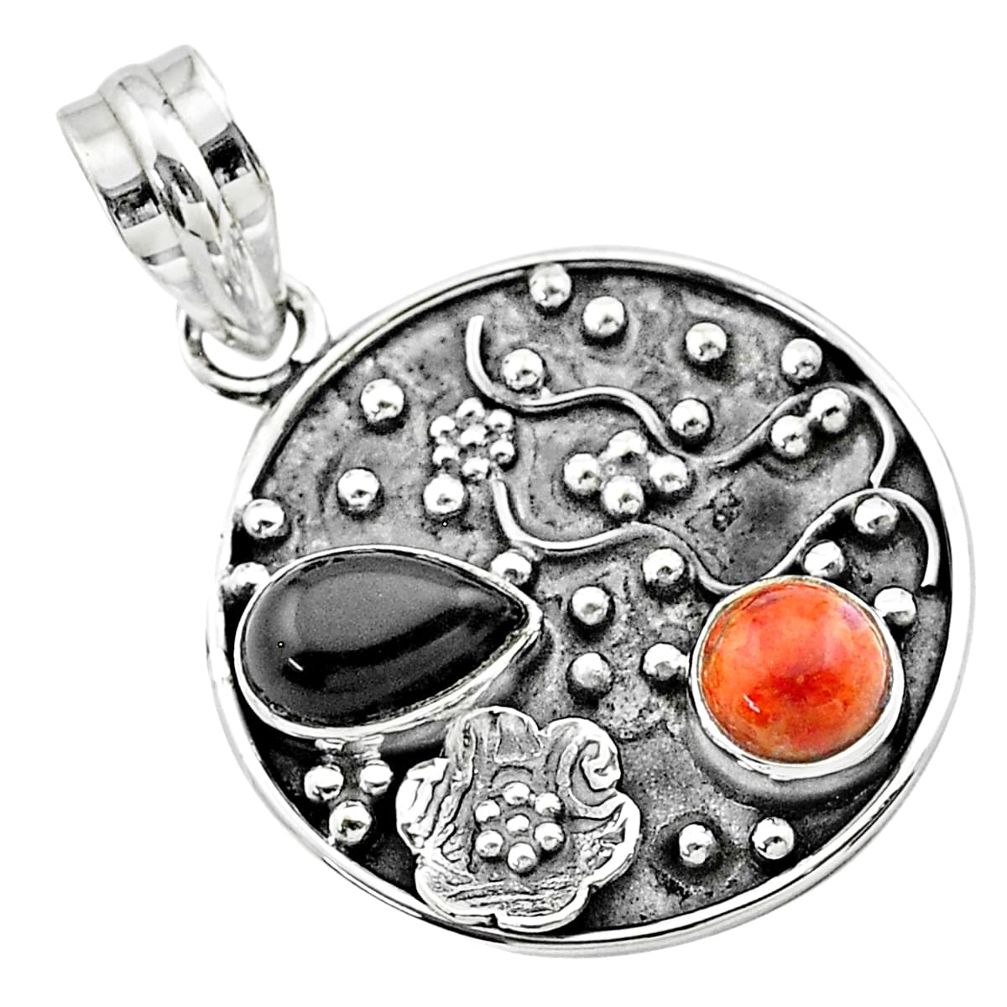 n natural onyx red sponge coral 925 silver flower pendant t57502
