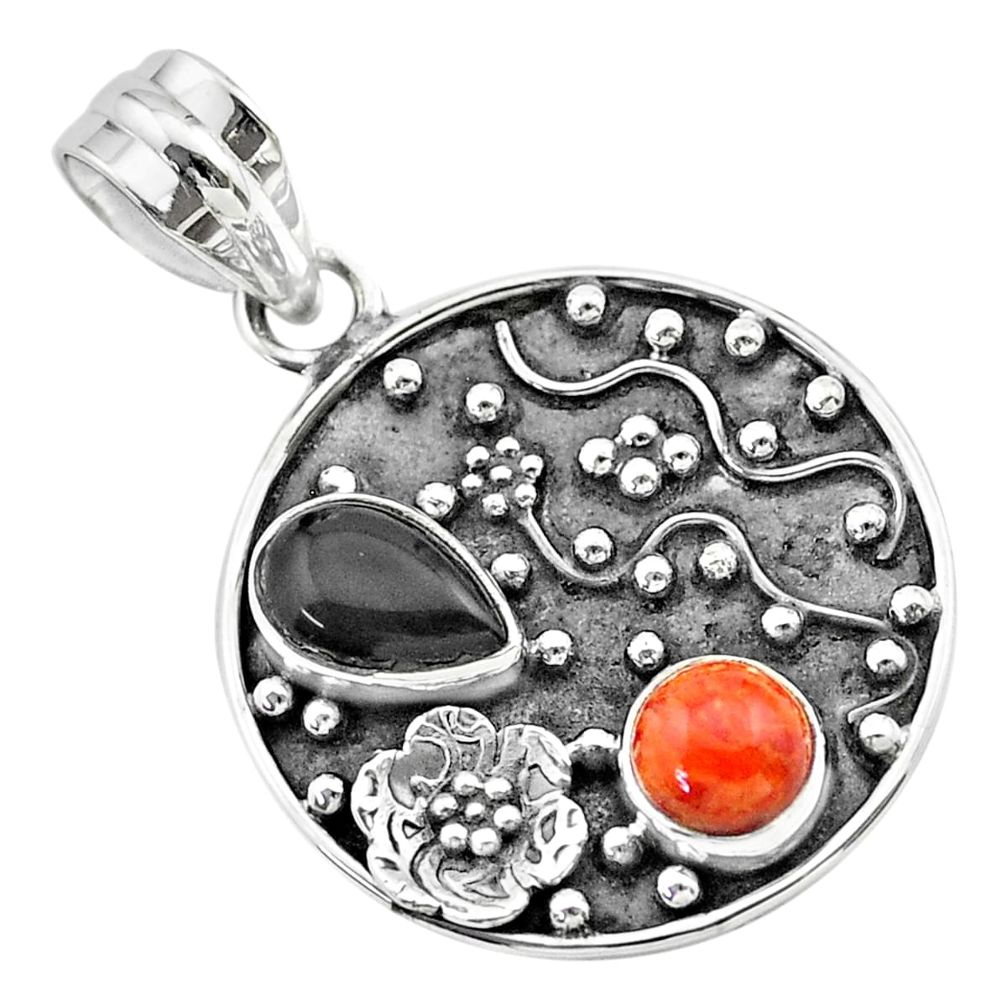 n natural onyx red sponge coral 925 silver flower pendant t57508