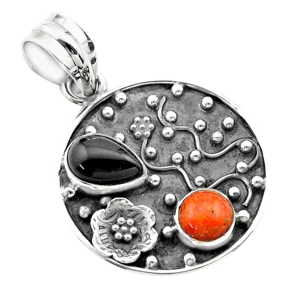 n natural onyx red sponge coral 925 silver flower pendant t57509