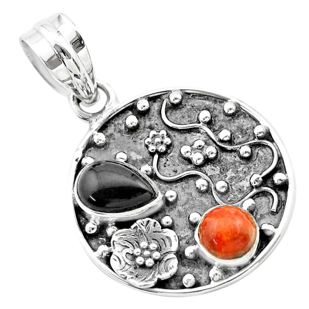 n natural onyx red sponge coral 925 silver flower pendant t57510