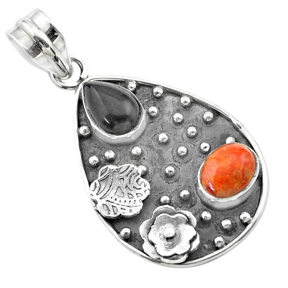 n natural onyx red sponge coral 925 silver flower pendant t57518