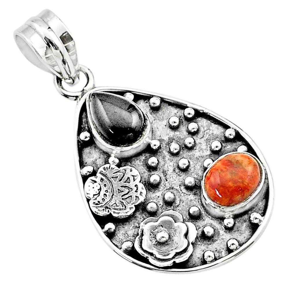 n natural onyx sponge red coral 925 silver flower pendant t57521