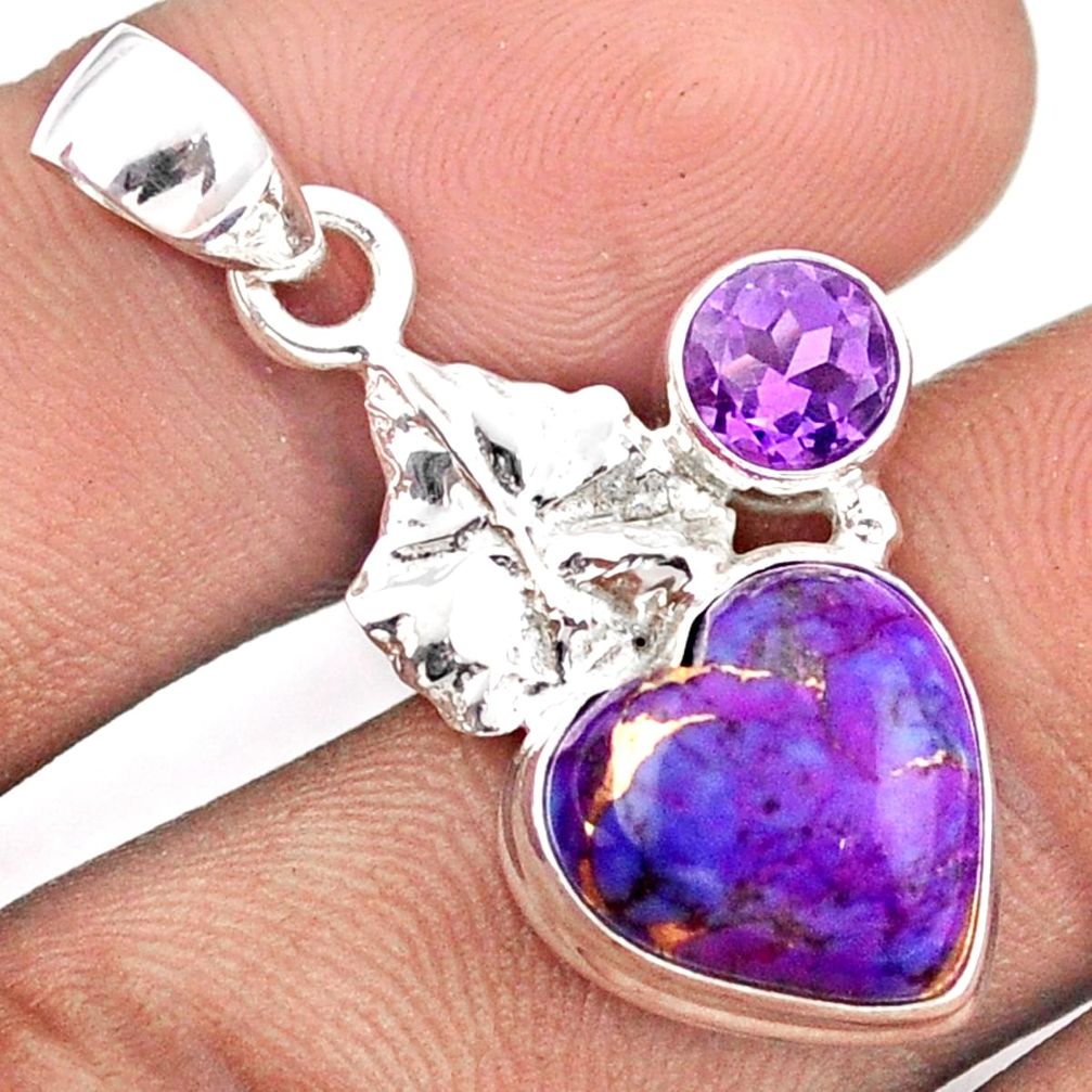 6.04cts heart copper turquoise amethyst 925 silver deltoid leaf pendant u1470