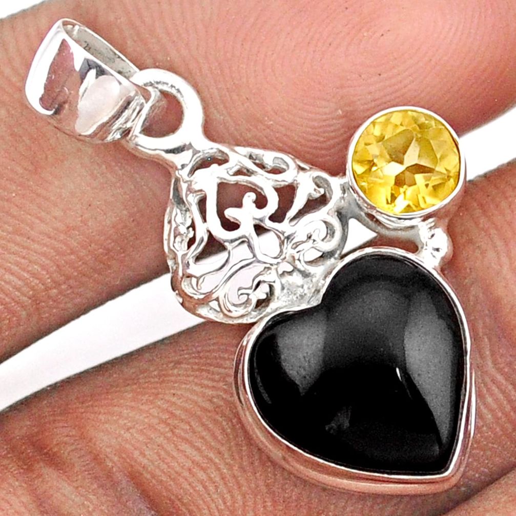 7.33cts heart natural black onyx citrine 925 sterling silver pendant u1462