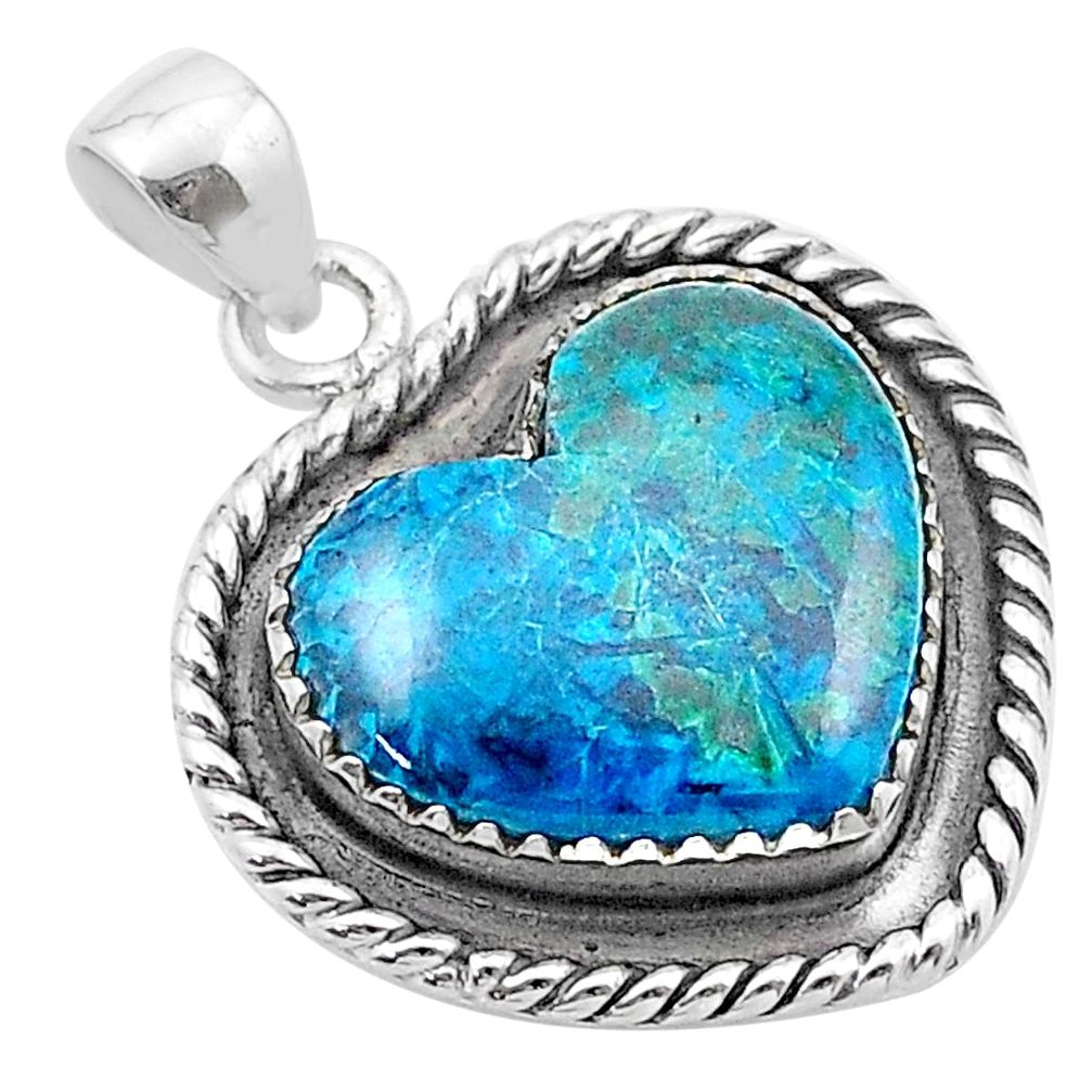 13.38cts heart natural blue chrysocolla 925 sterling silver pendant u39002