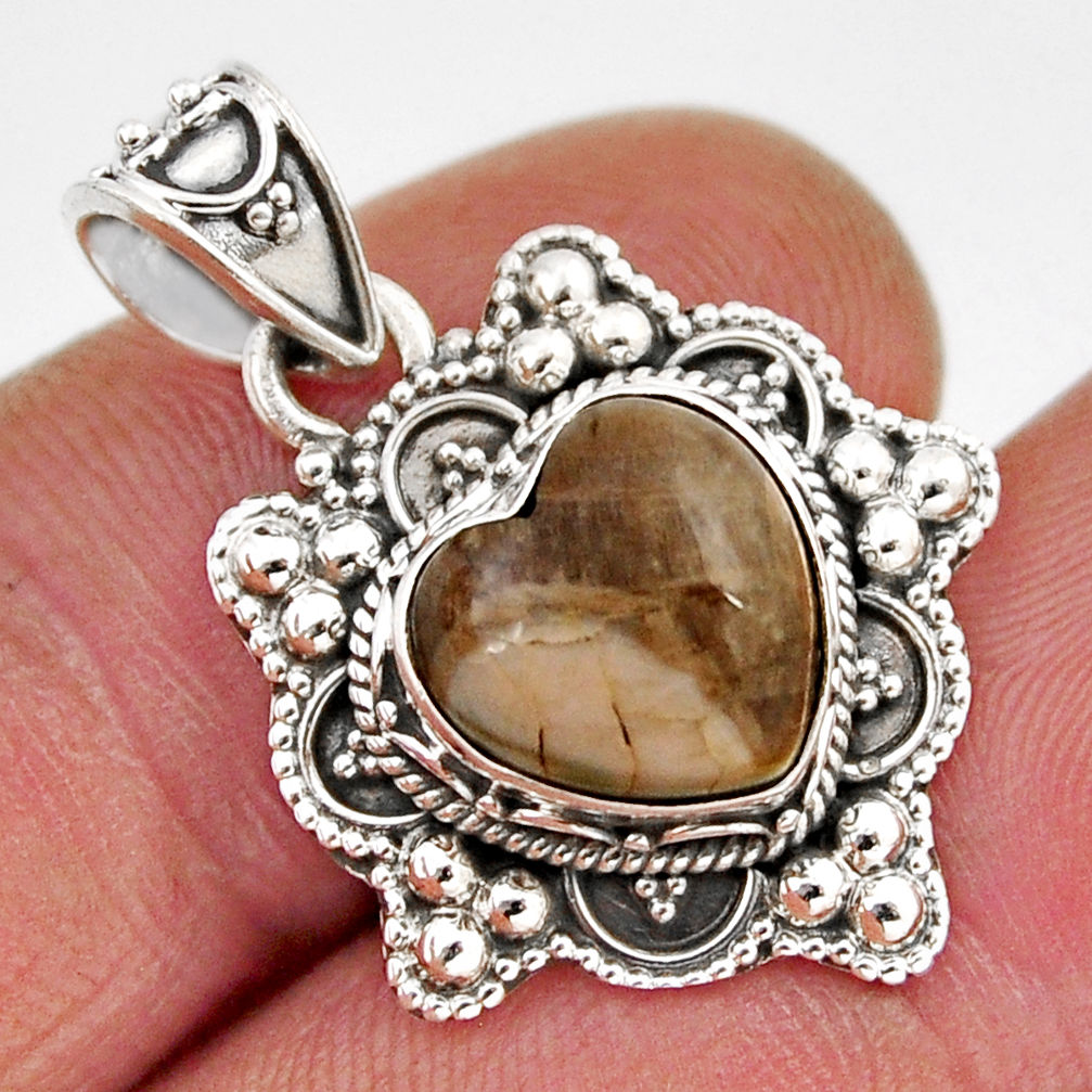 4.82cts heart natural brown cotham landscape marble 925 silver pendant y53596