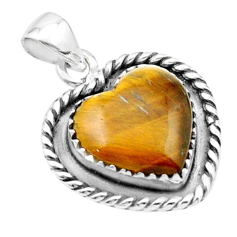 11.09cts heart natural brown tiger's eye 925 sterling silver pendant u38862