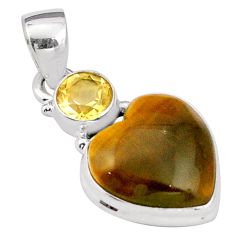 10.65cts heart natural brown tiger's eye citrine 925 silver pendant t94433