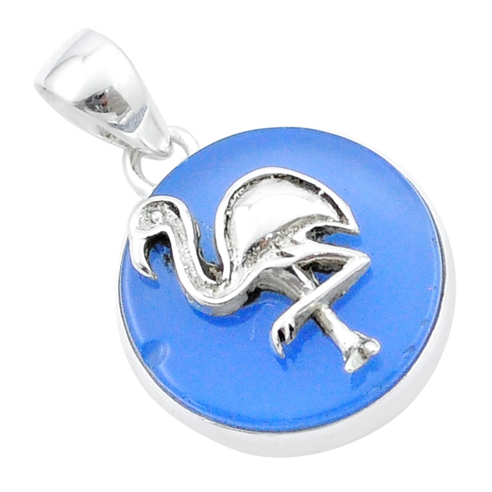 14.48cts heron bird natural blue chalcedony 925 sterling silver coin enamel pendant u34616