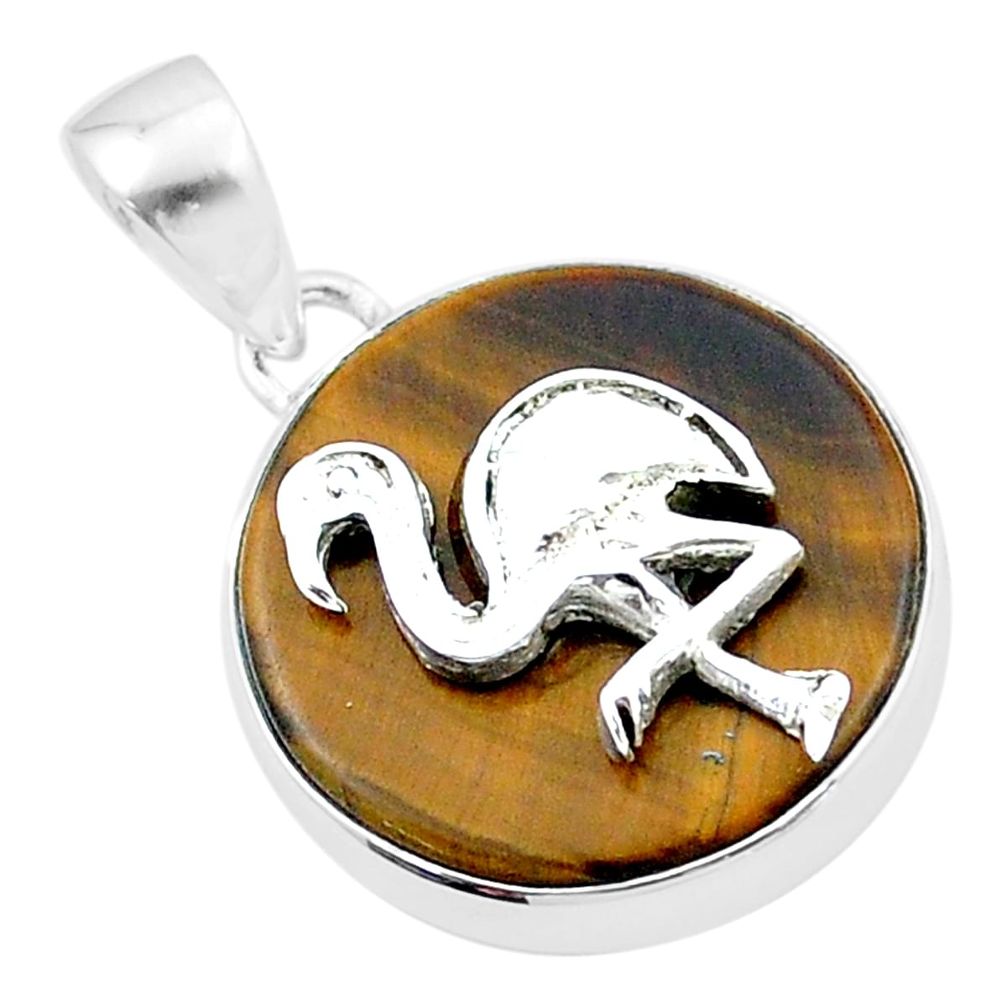14.85cts heron bird natural brown tiger's eye round 925 silver coin enamel pendant u34660