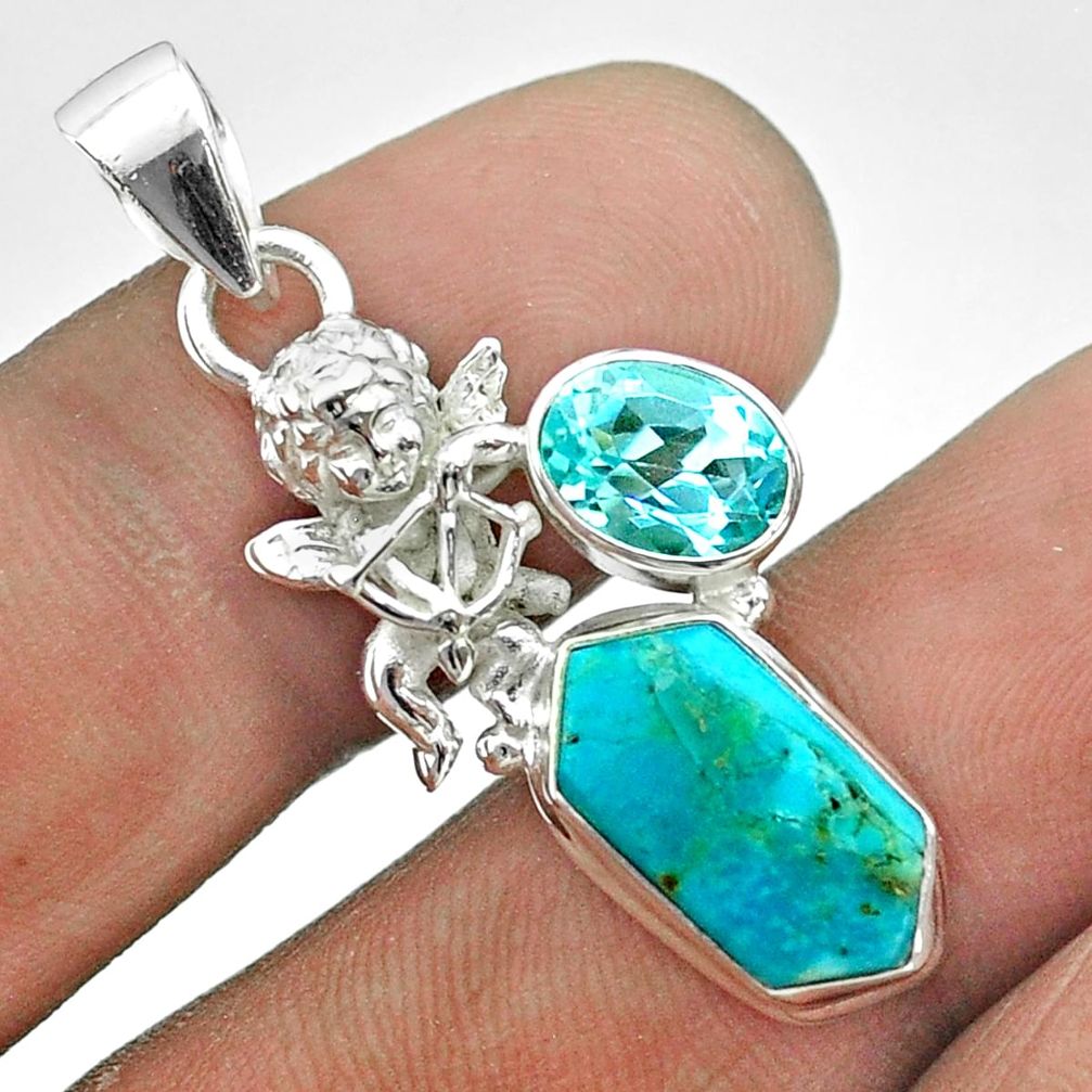 6.93cts hexagon arizona mohave turquoise topaz 925 silver angel pendant t55471